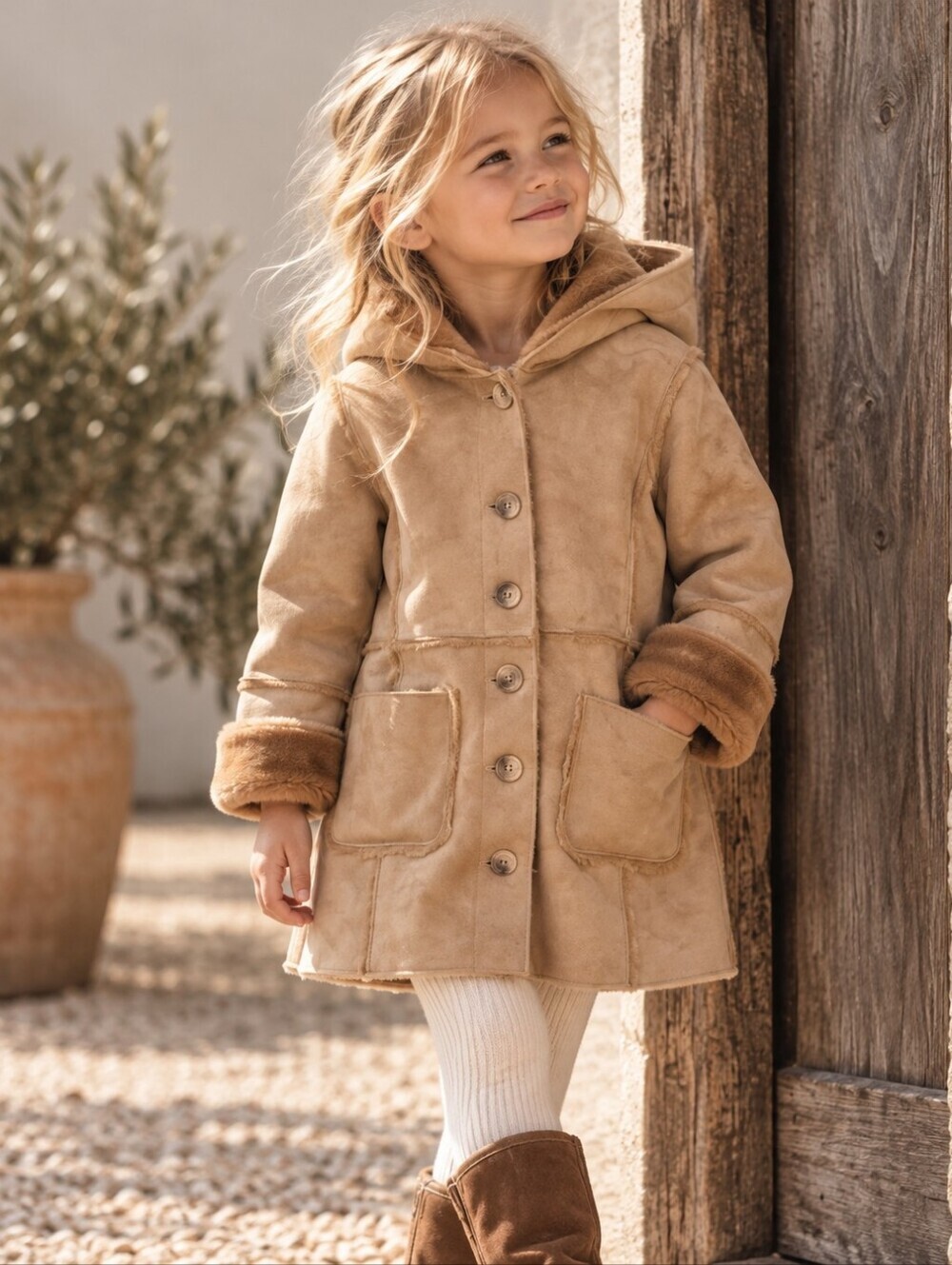 Baby Gap Girls Faux Suede Shearling Hooded Coat Tan Jacket 4T Retro Boho